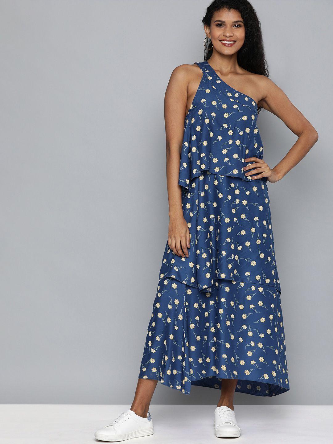 here&now women navy blue & yellow floral printed a-line dress