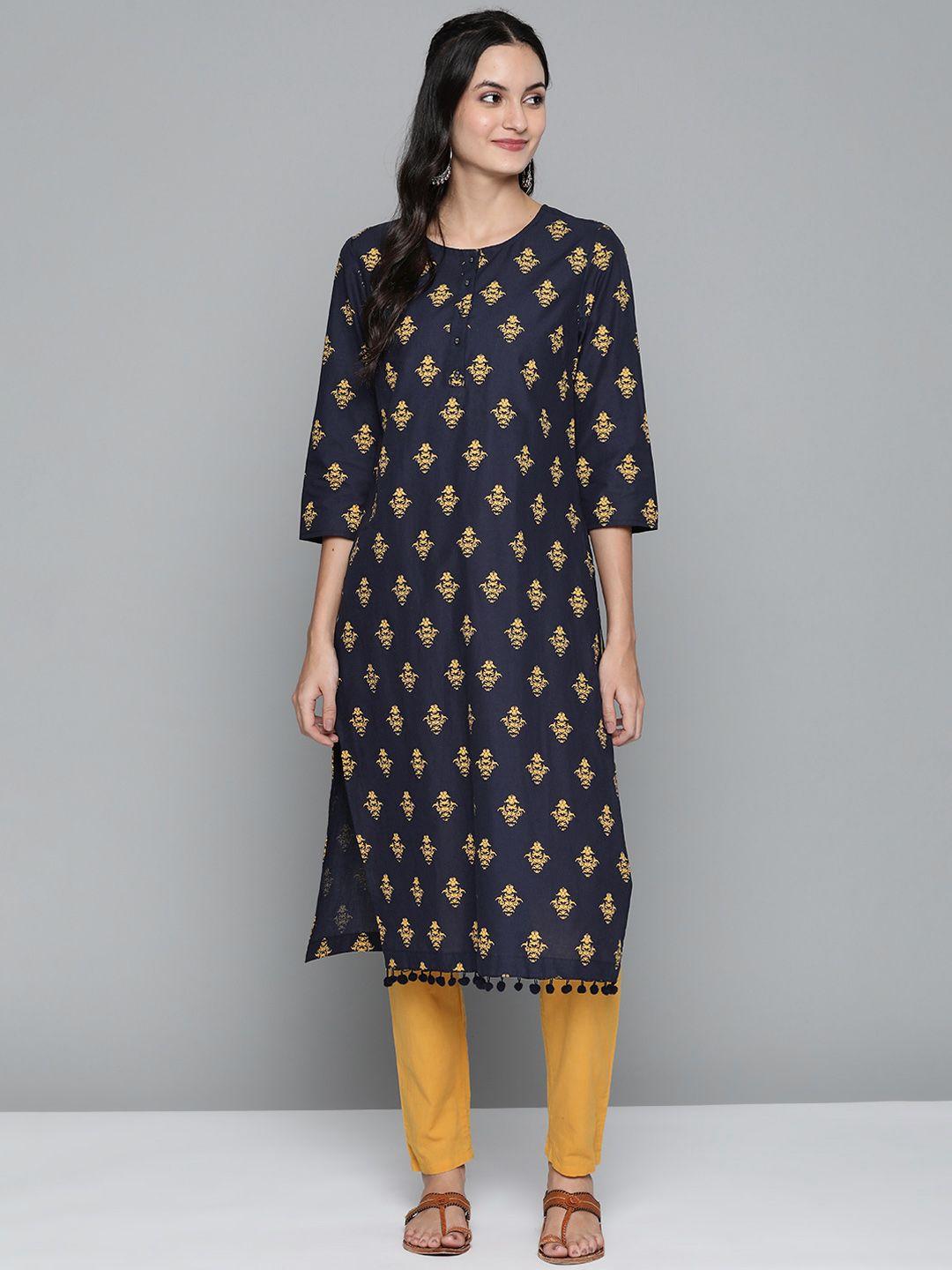 here&now women navy blue & yellow printed straight kurta