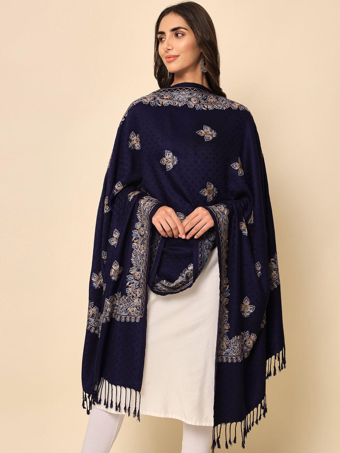 here&now women navy blue embroidered ethnic shawl