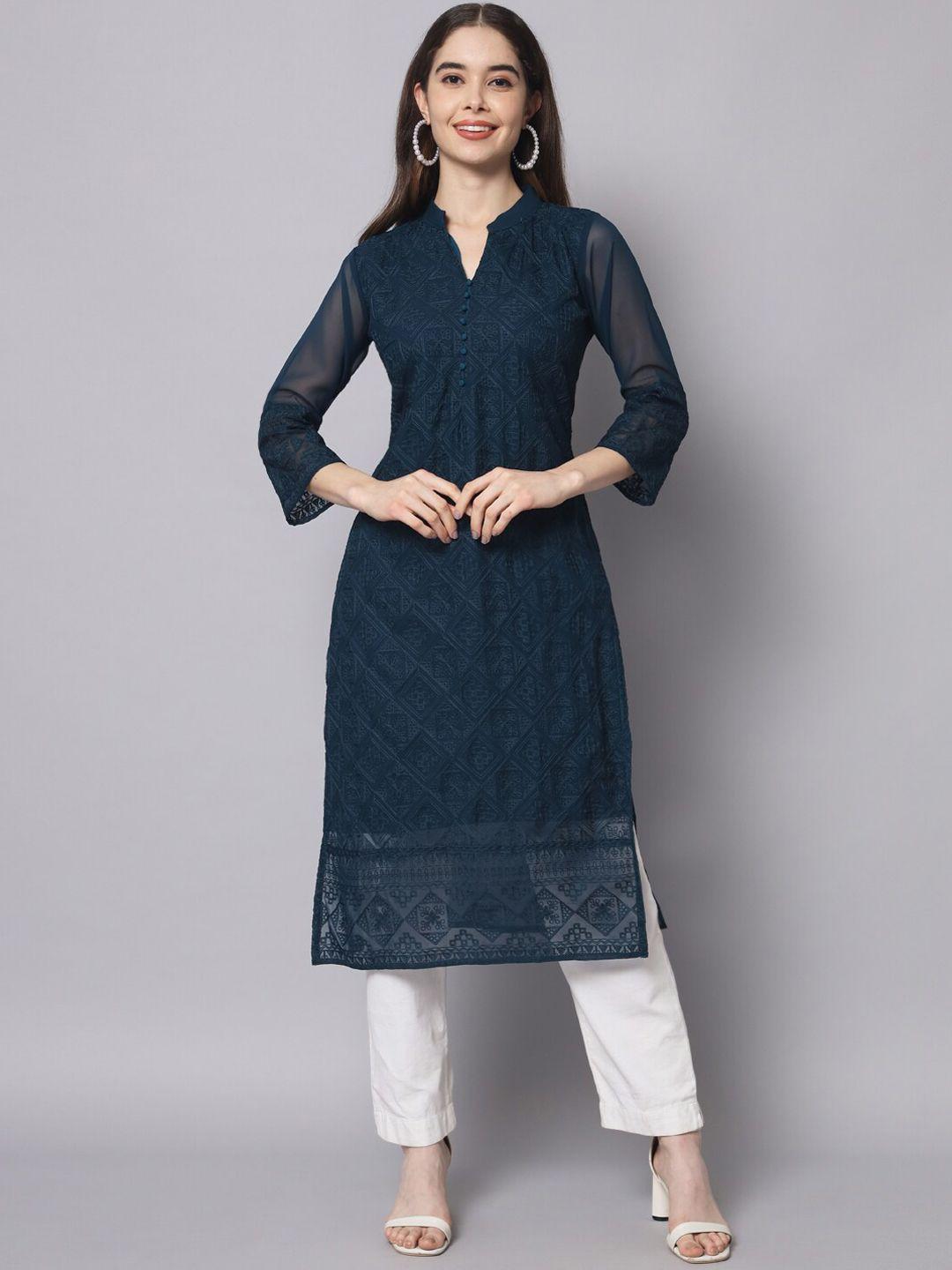 here&now women navy blue ethnic motifs embroidered thread work georgette kurta