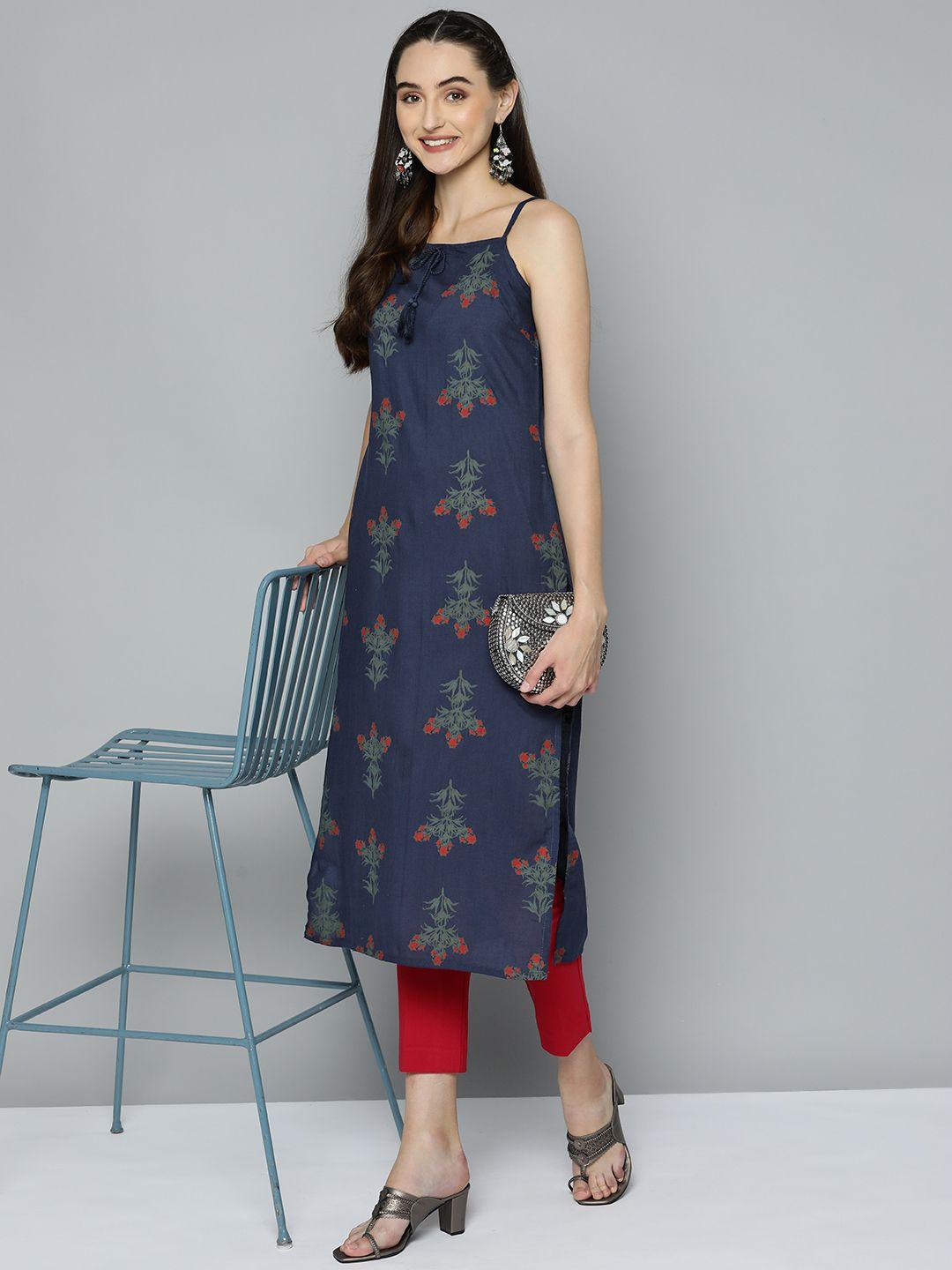 here&now women navy blue ethnic motifs printed kurta