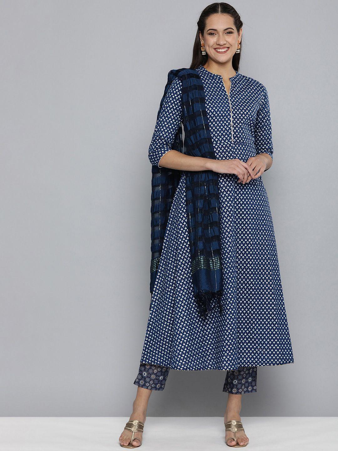 here&now women navy blue ethnic motifs printed pure cotton kurta with trousers & with dupatta