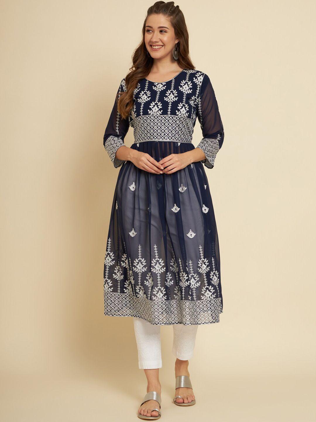 here&now women navy blue ethnic motifs yoke design flared sleeves mirror work georgette anarkali kurta