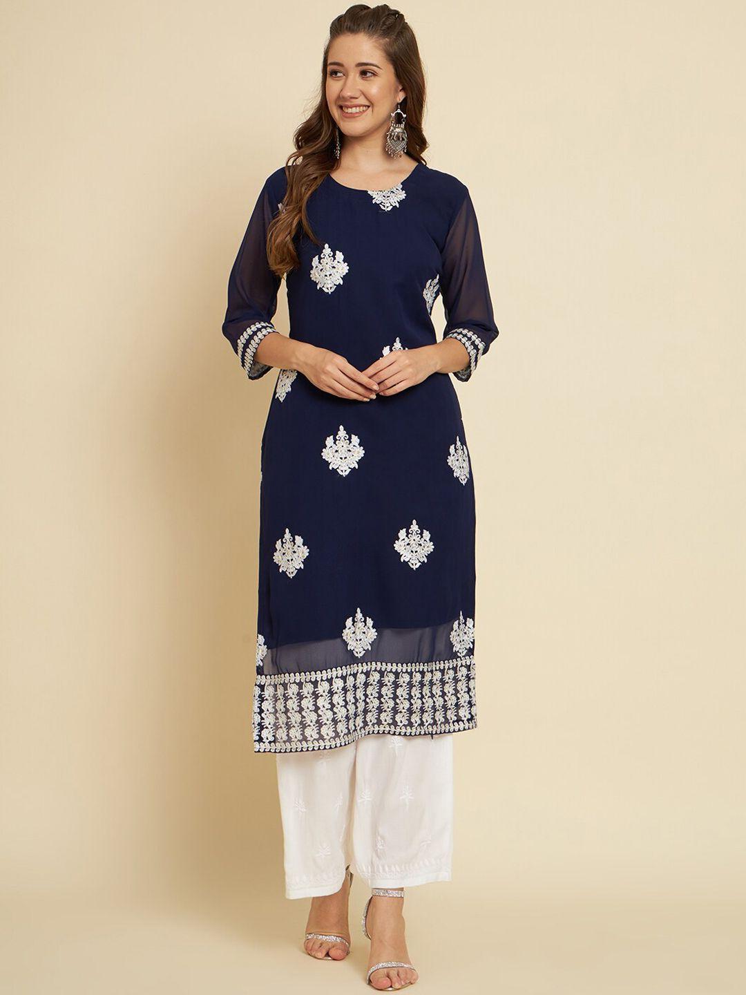 here&now women navy blue geometric chikankari georgette kurta