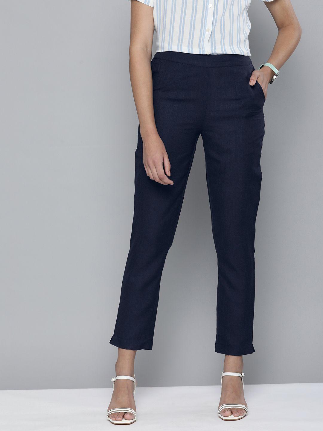 here&now women navy blue pleated straight fit trousers