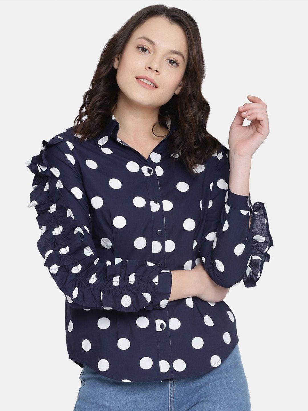here&now women navy blue printed cotton polka dots casual shirt