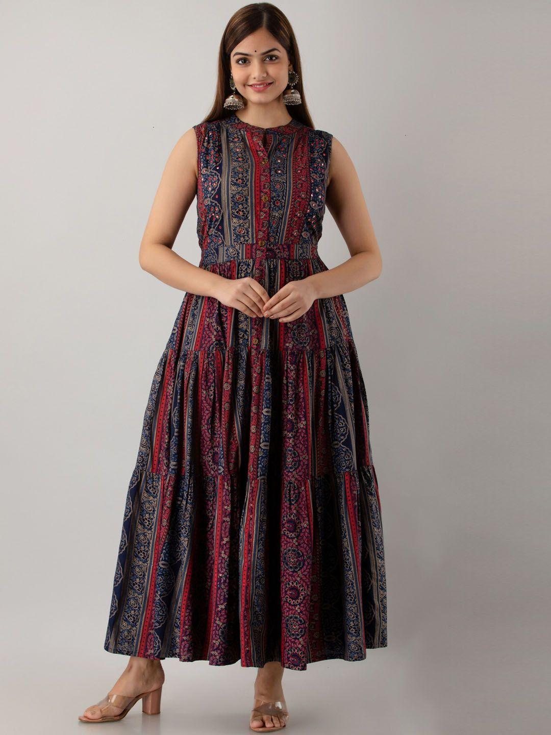 here&now women navy blue printed ethnic dresses