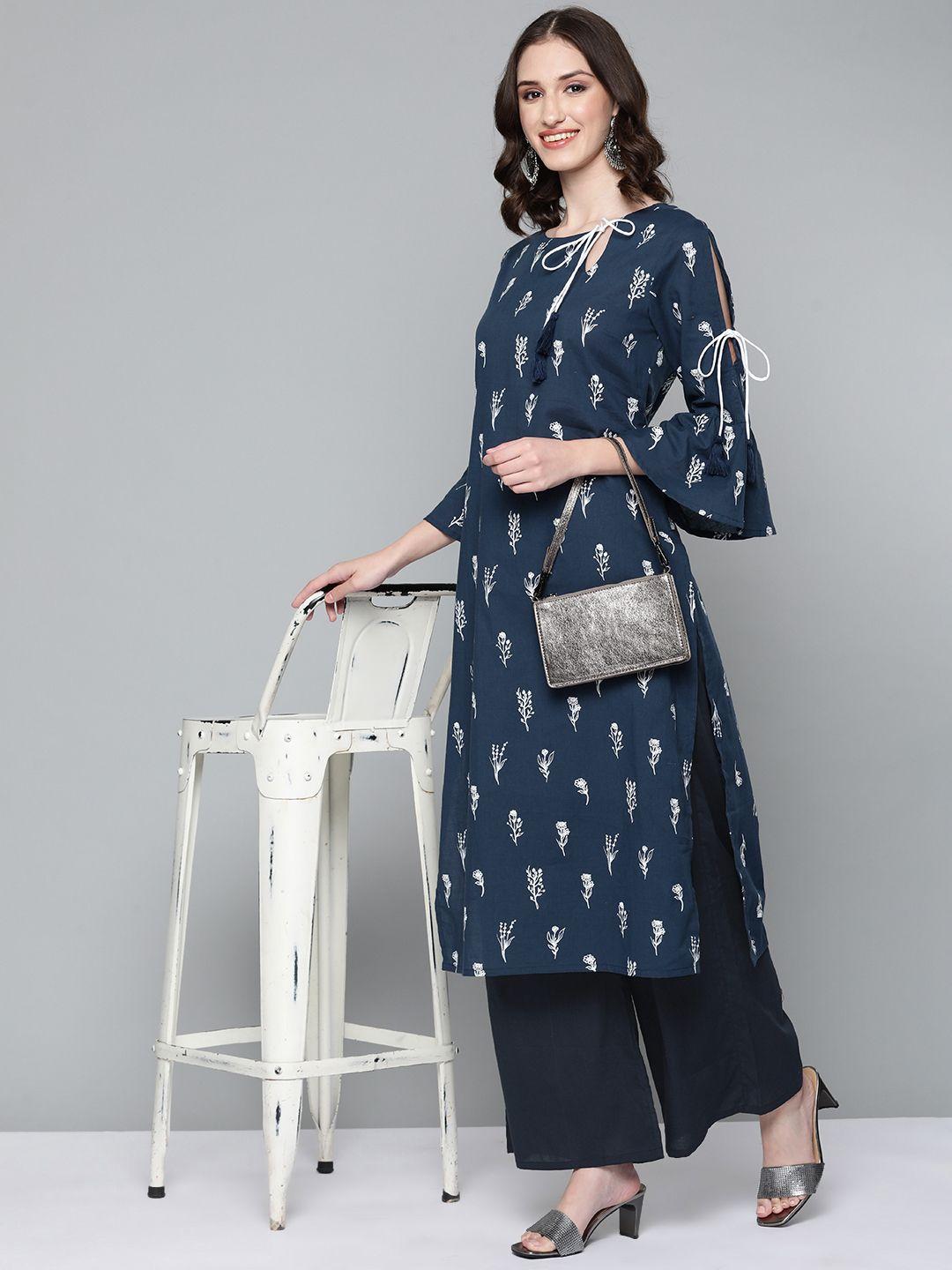 here&now women navy blue printed pure cotton kurta with palazzos