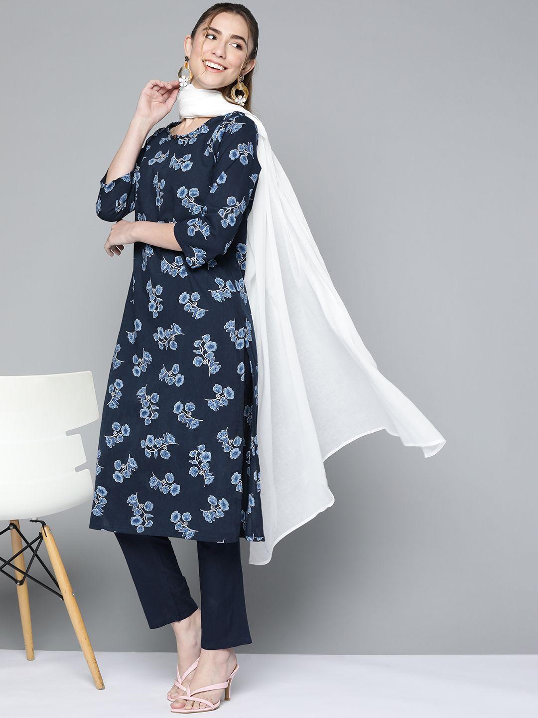 here&now women navy blue pure cotton printed kurta with trousers & with dupatta