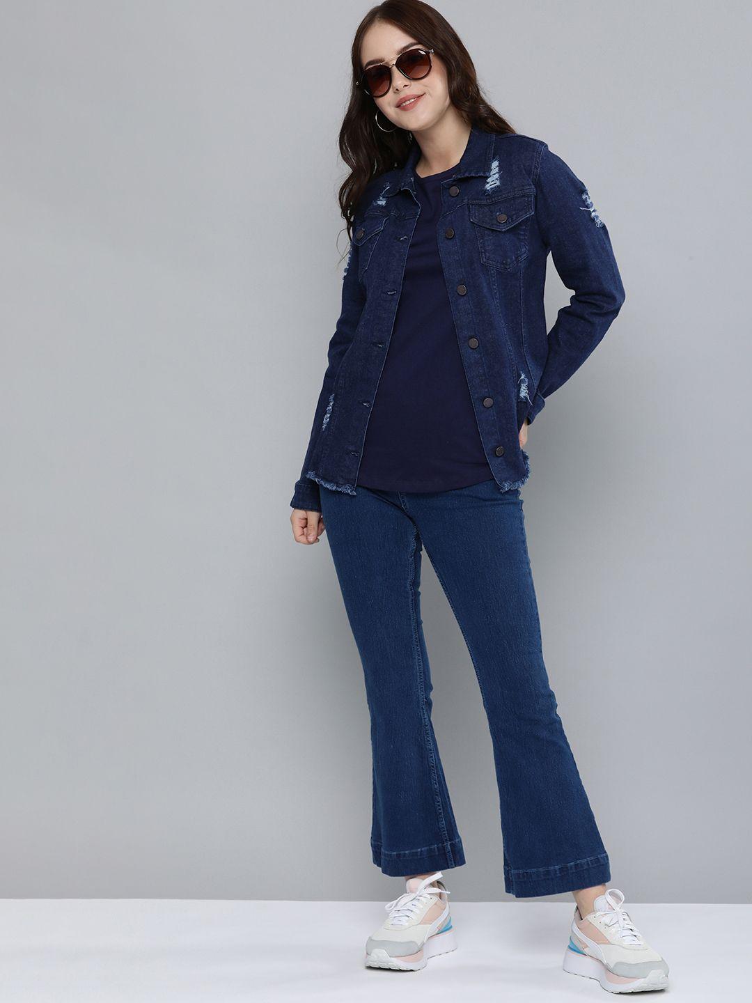 here&now women navy blue solid denim jacket with ripped detail