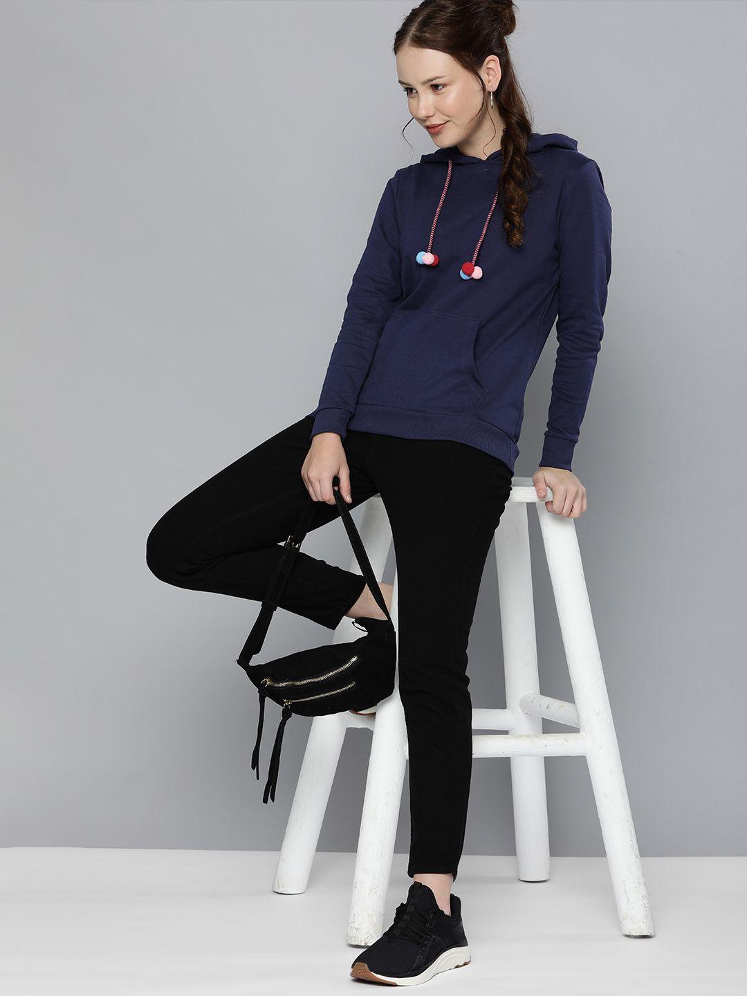 here&now women navy blue solid hooded sweatshirt