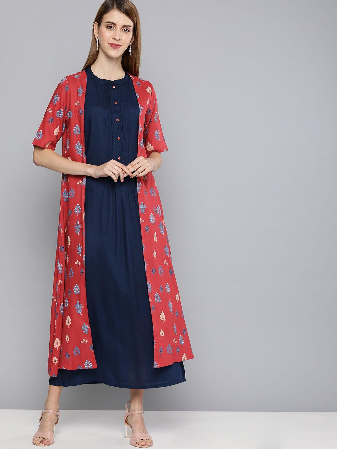 here&now women navy blue solid maxi layered dress with jacket