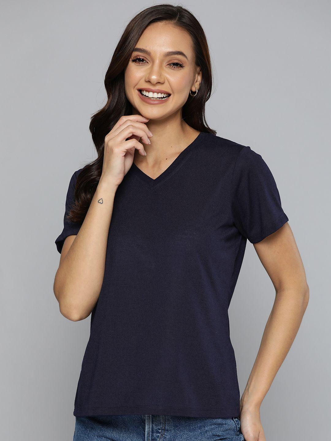 here&now women navy blue solid v-neck t-shirt