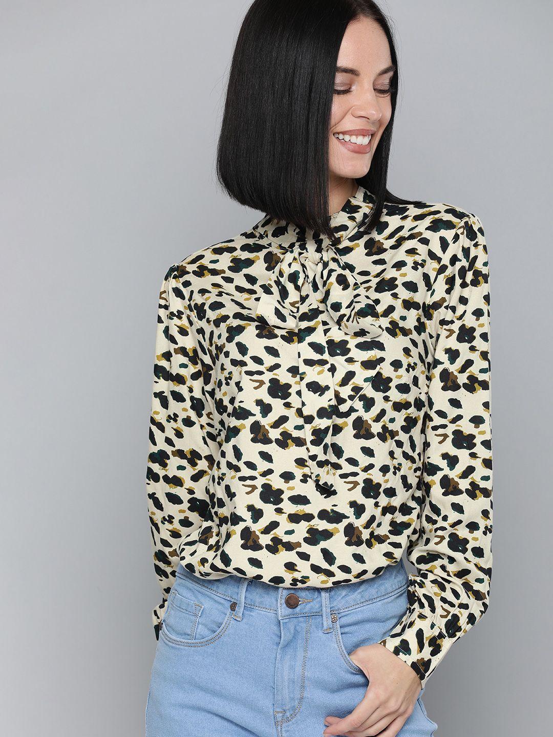 here&now women off-white & black animal printed shirt style top with tie-up neck