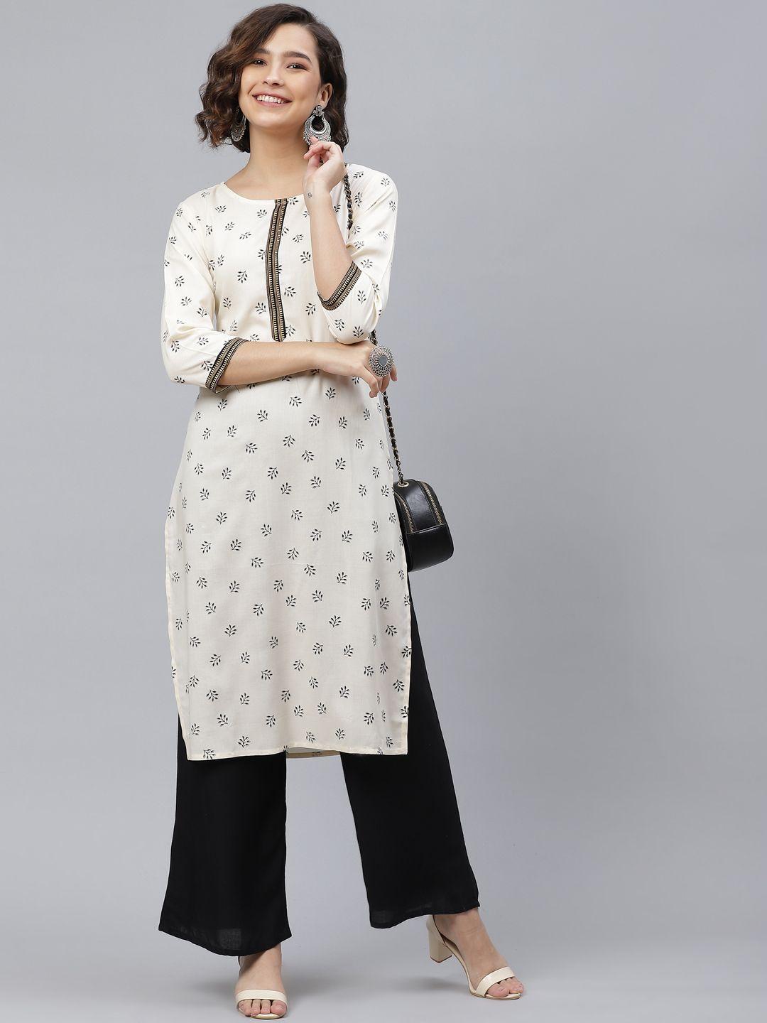 here&now women off white & black floral printed floral kurta
