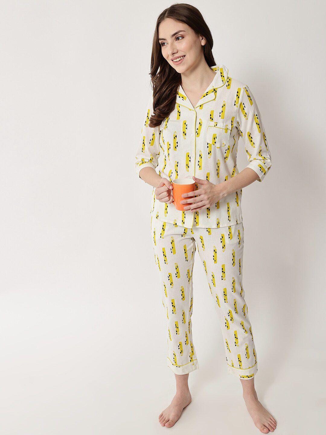 here&now women off white & yellow printed night suit