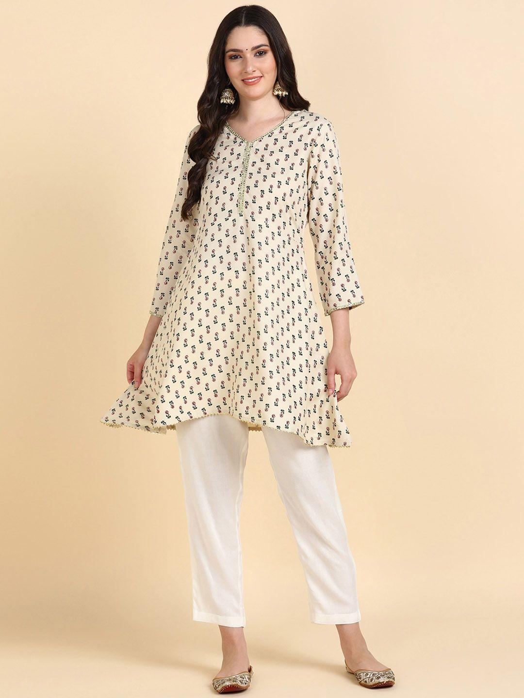 here&now women off white ethnic motifs printed regular kurta with trousers