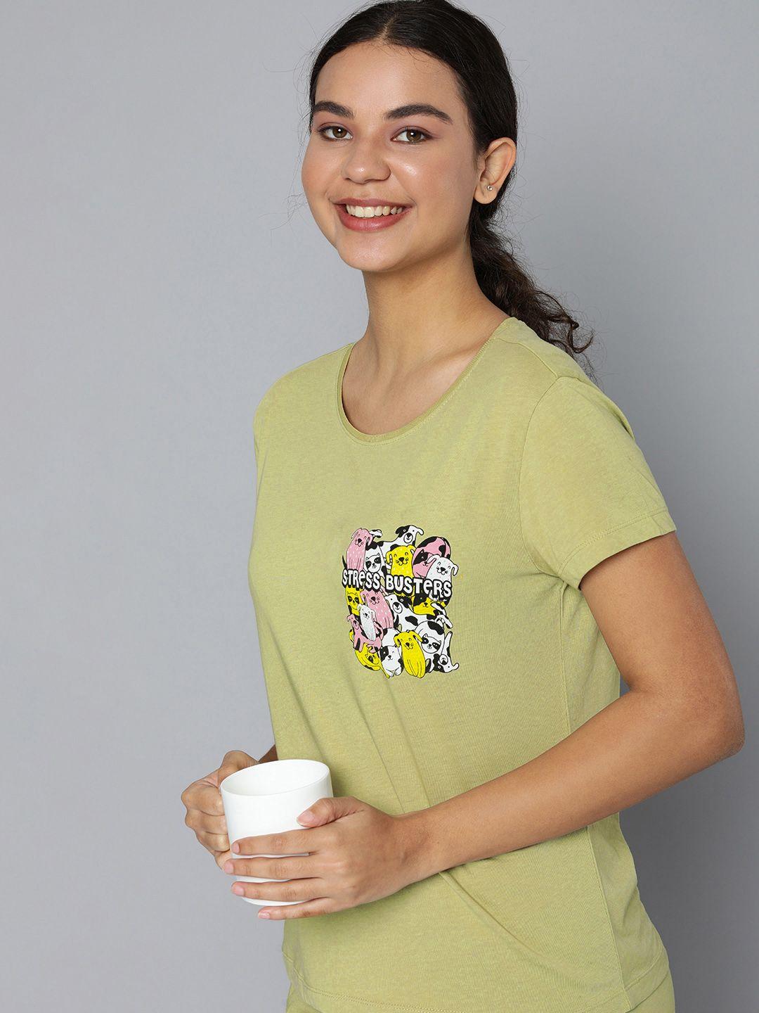 here&now women olive green & pink graphic printed t-shirt