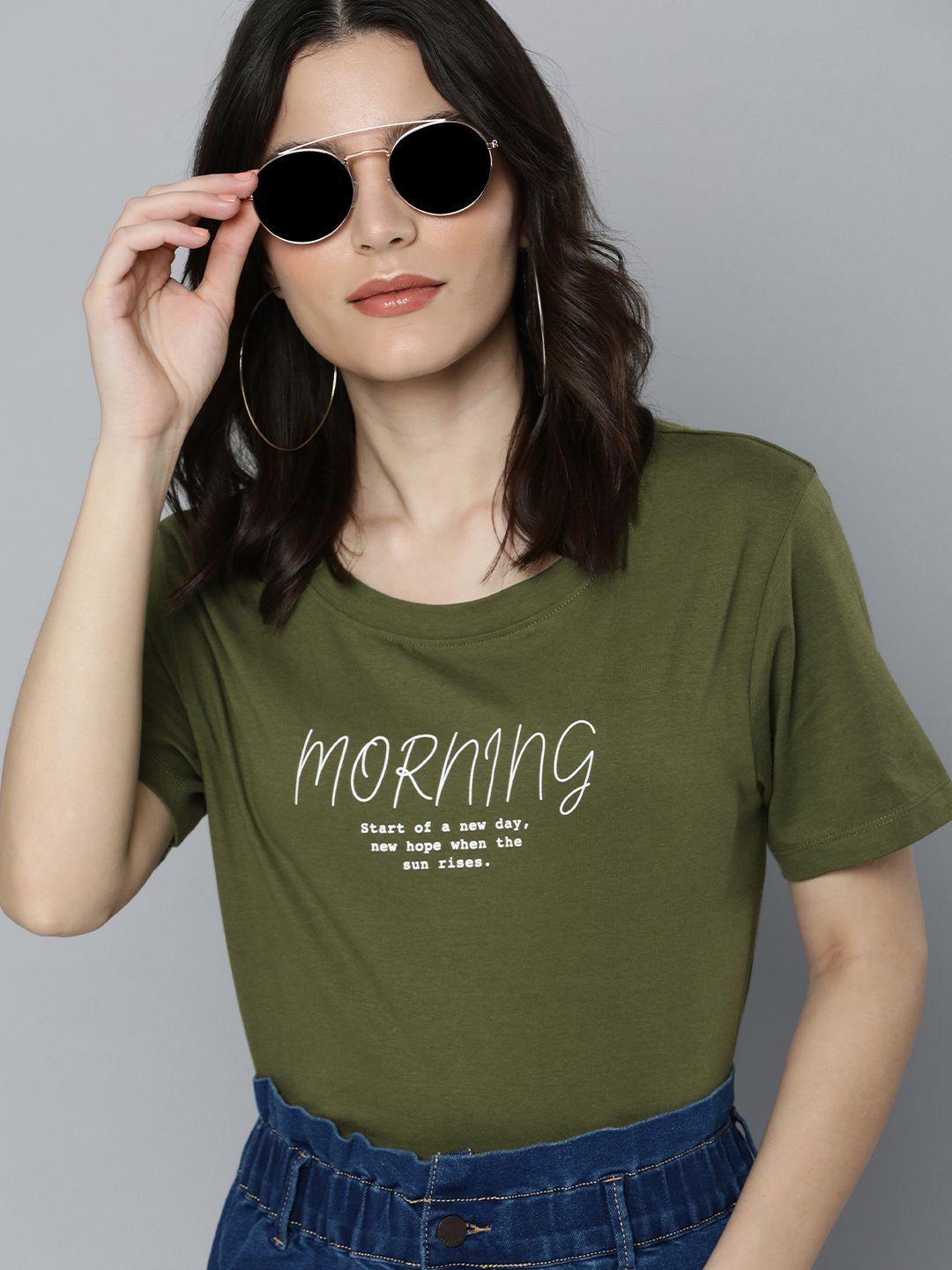 here&now women olive green & white printed casual t-shirt