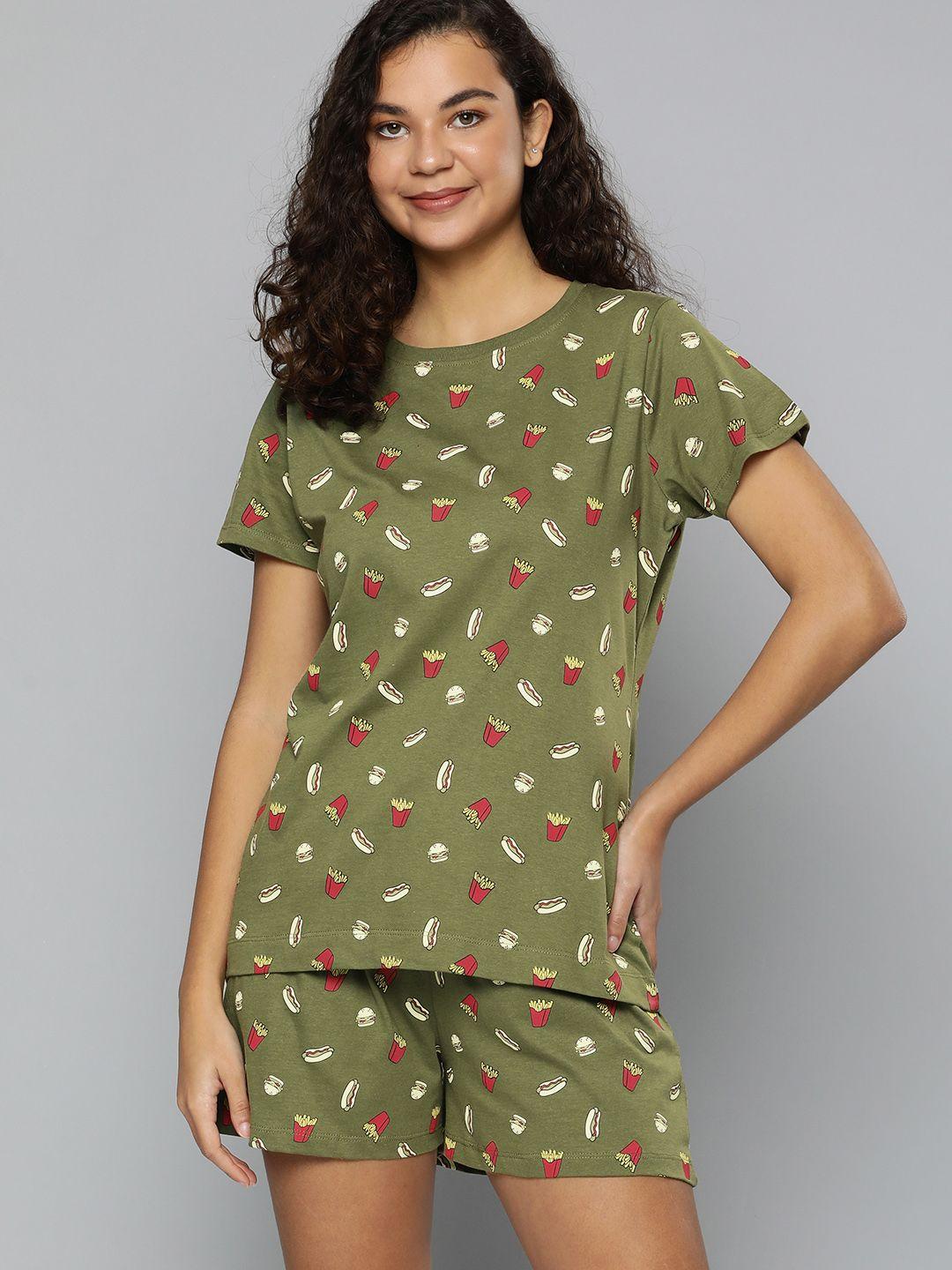 here&now women olive green conversational printed pure cotton night suit