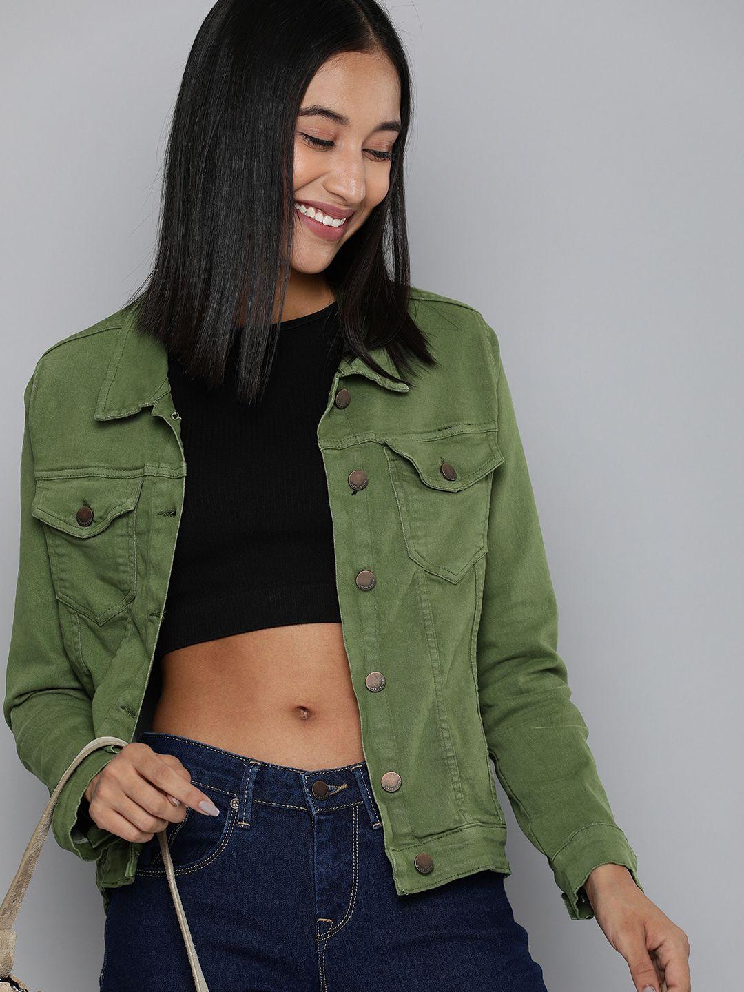 here&now women olive green denim jacket