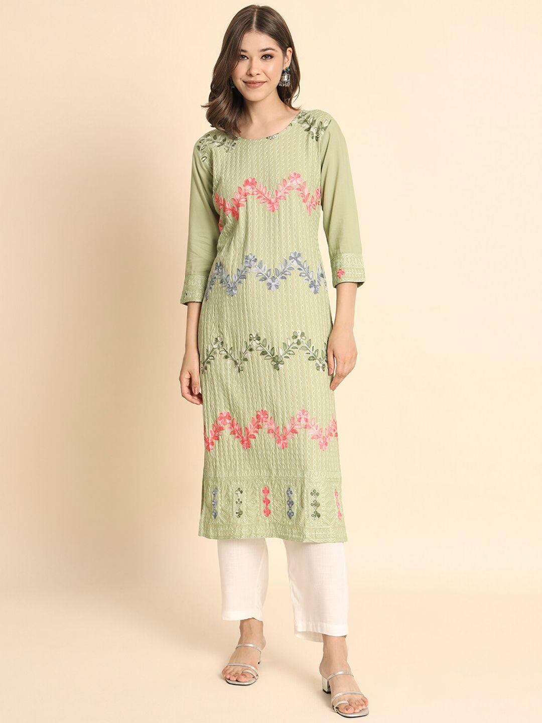 here&now women olive green floral embroidered flared sleeves thread work kurta