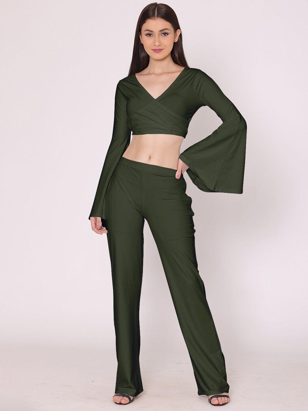 here&now women olive green solid co-ords