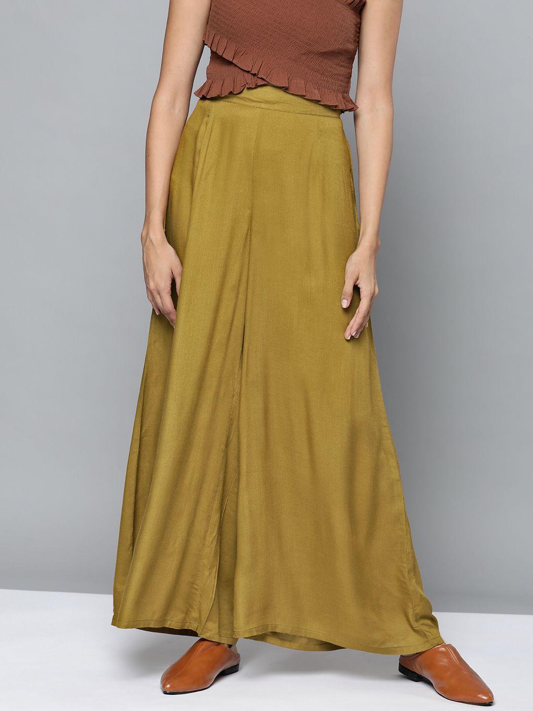 here&now women olive green solid ethnic palazzos