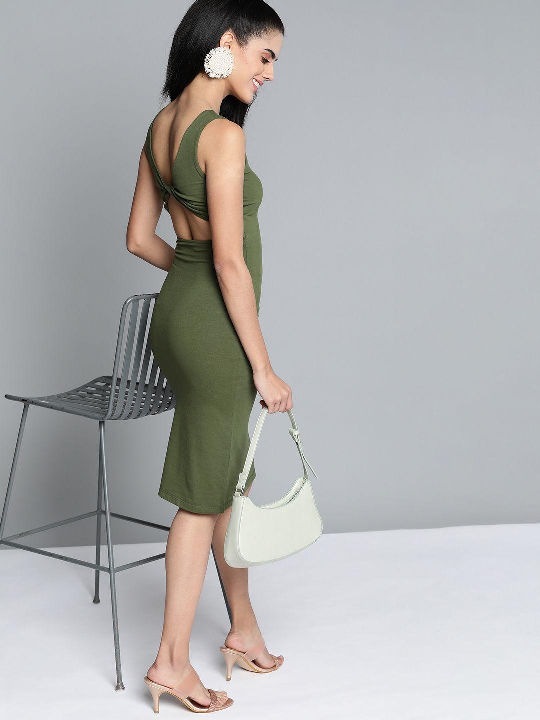 here&now women olive green solid sheath styled back dress