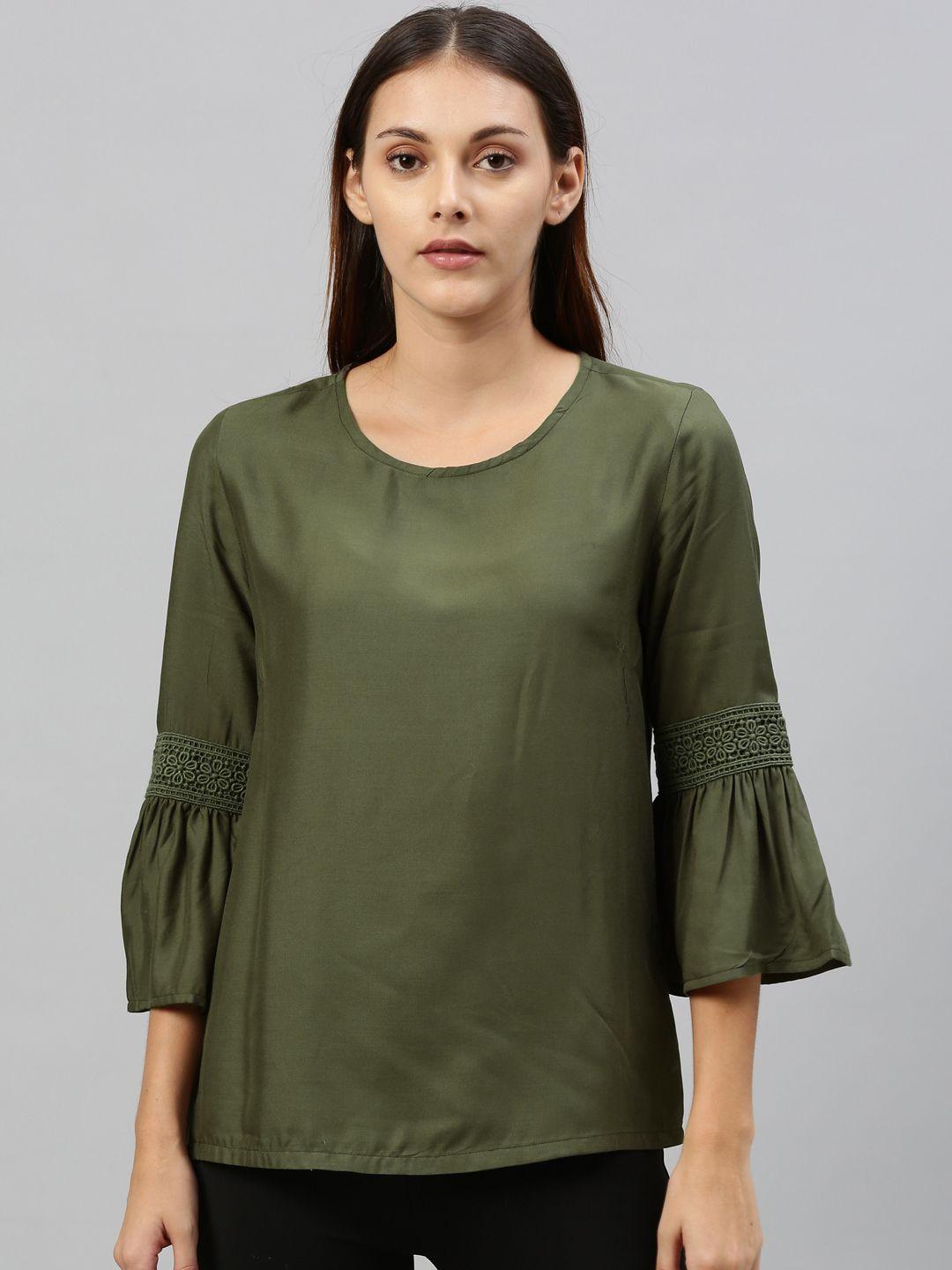 here&now women olive green solid top with bell lace insert sleeves