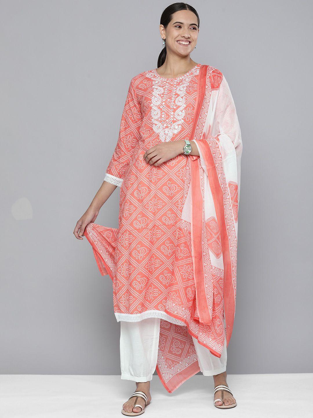 here&now women orange ethnic motifs embroidered pure cotton kurta with trousers & with dupatta