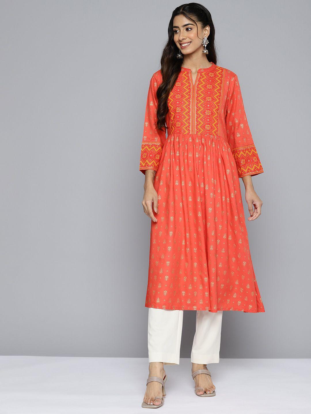 here&now women orange ethnic motifs printed kurta