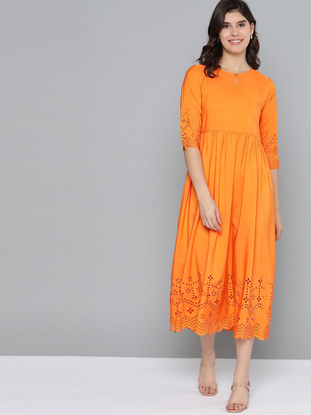 here&now women orange solid a-line dress