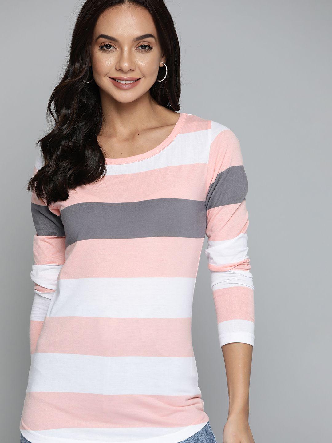 here&now women peach & white striped t-shirt