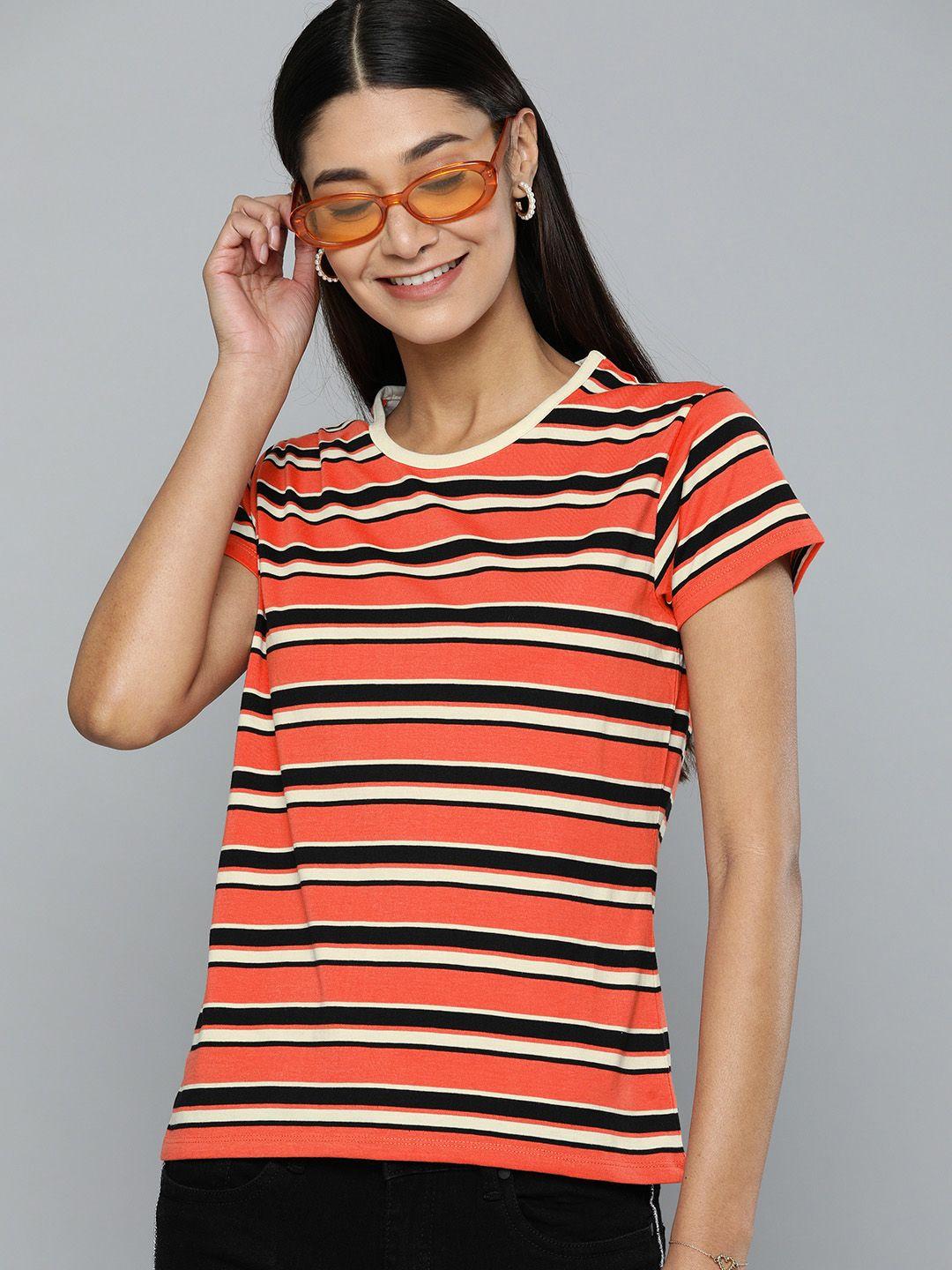 here&now women peach-coloured & black striped round neck t-shirt