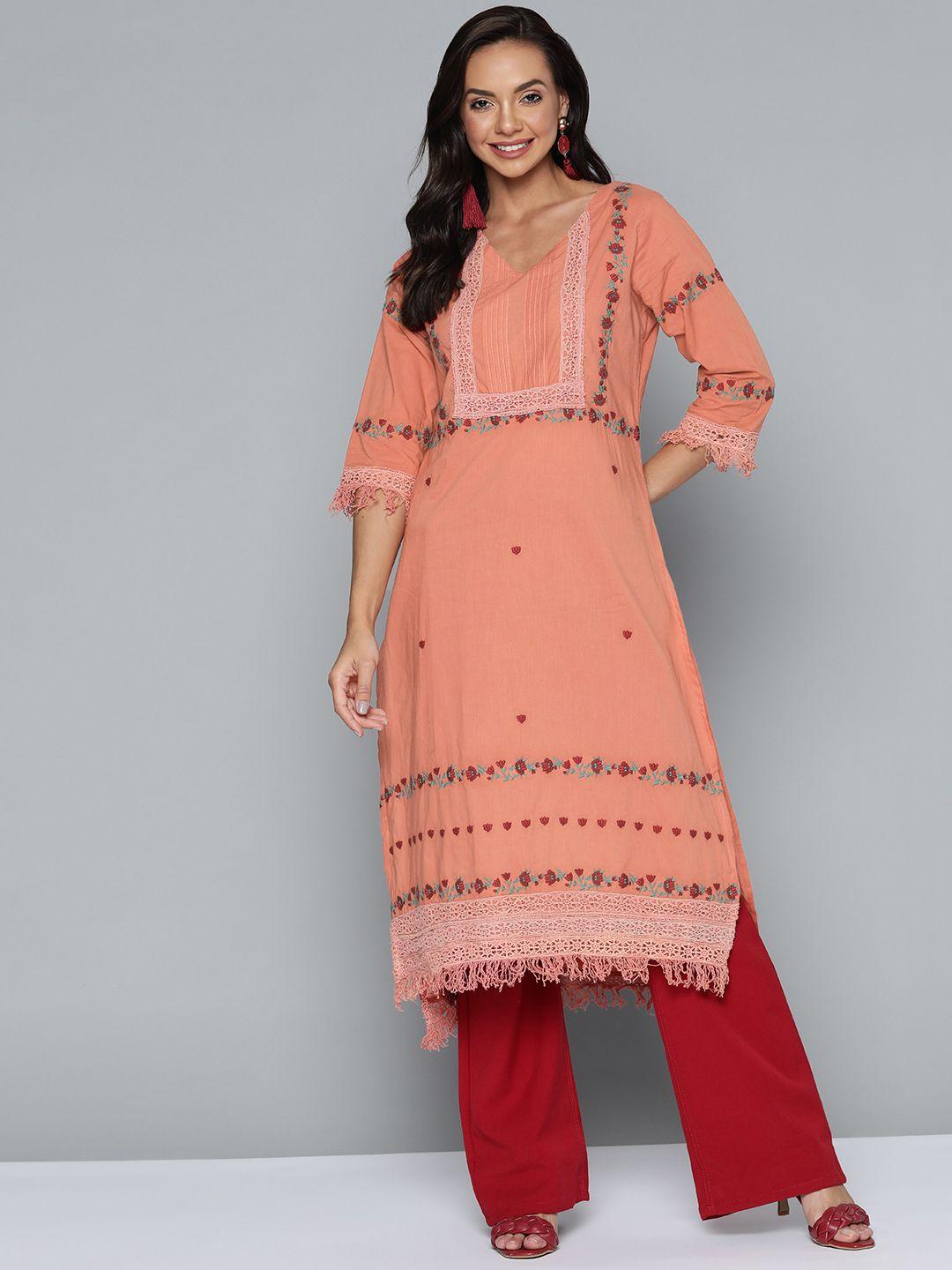 here&now women peach-coloured & maroon floral thread work lace cotton straight kurta