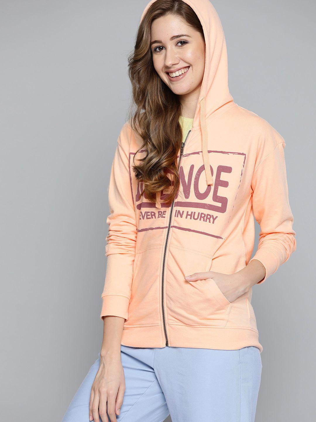 here&now women peach-coloured & mauve typography  printed hooded sweatshirt