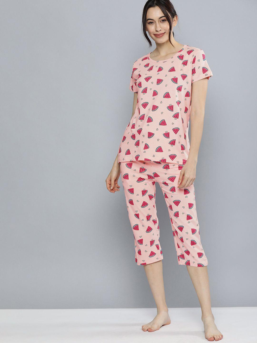 here&now women peach-coloured & multicoloured printed night suit