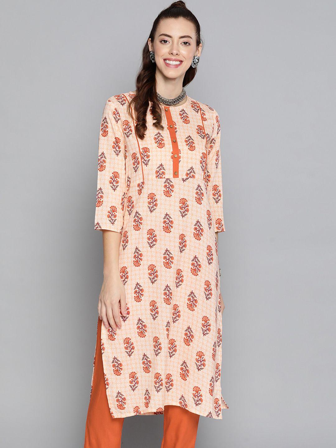 here&now women peach-coloured & orange ethnic motifs printed regular kurta with trousers