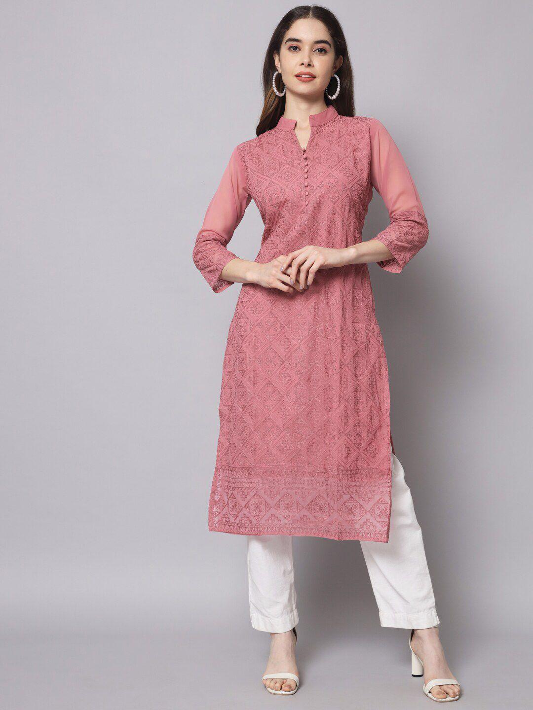 here&now women peach-coloured ethnic motifs embroidered georgette kurta