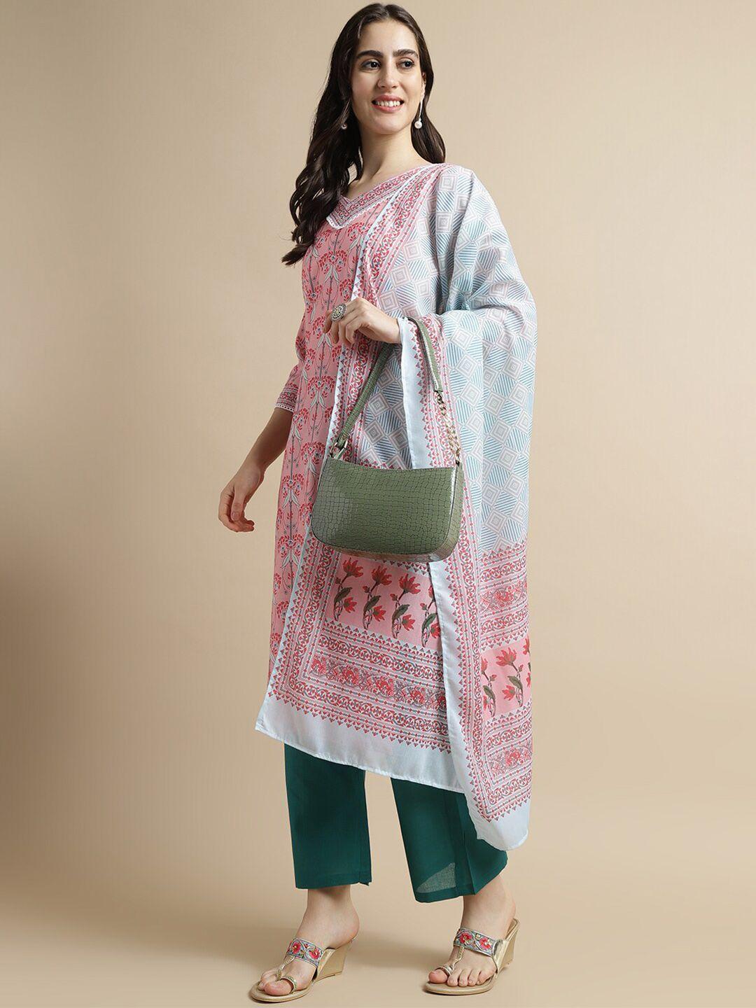 here&now women peach-coloured floral printed regular kurta with trousers & with dupatta