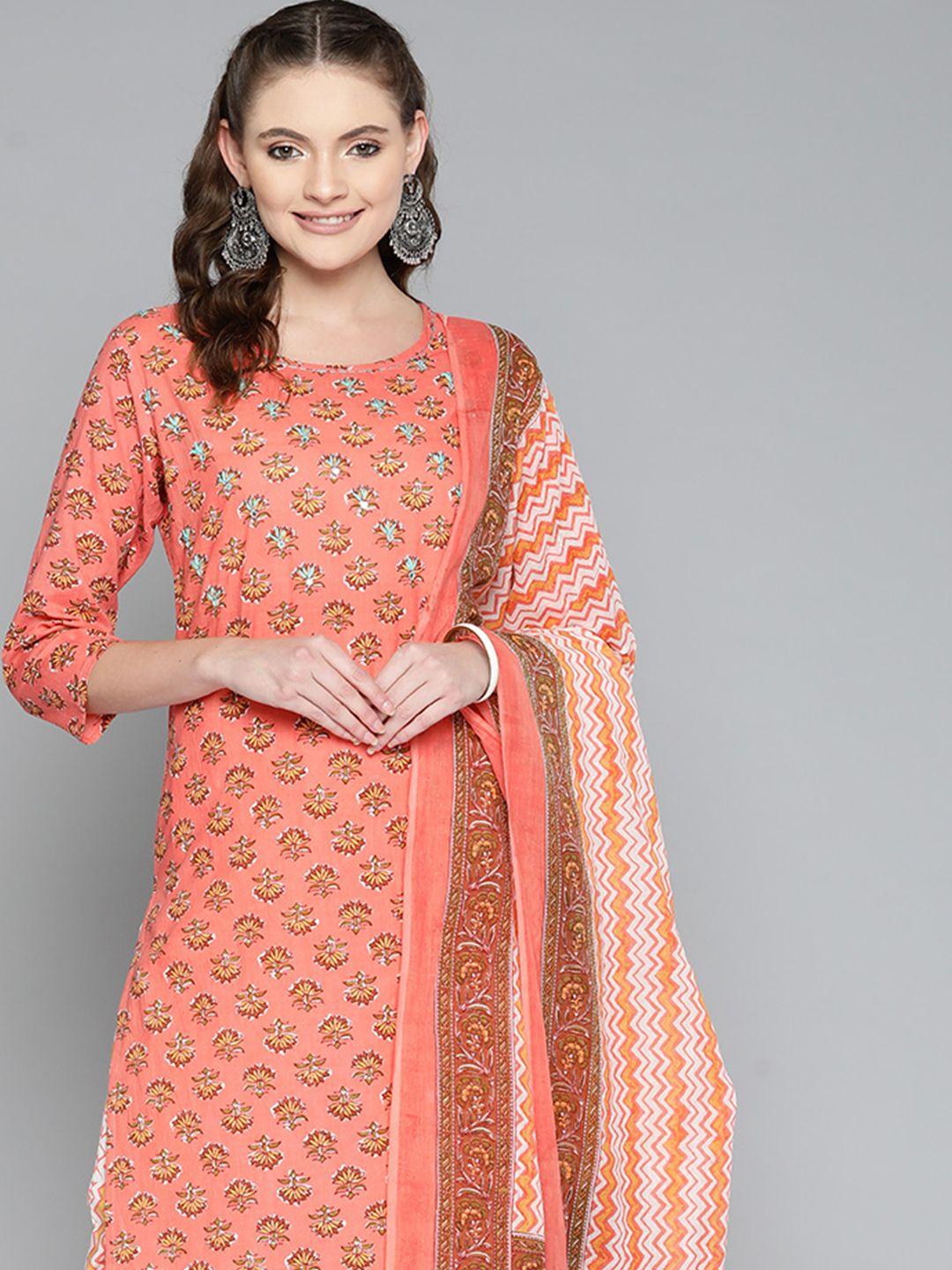 here&now women peach-coloured floral printed thread work pure cotton kurta with trousers & with dupatta