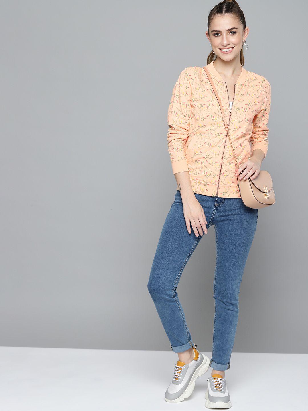 here&now women peach-coloured printed sweatshirt