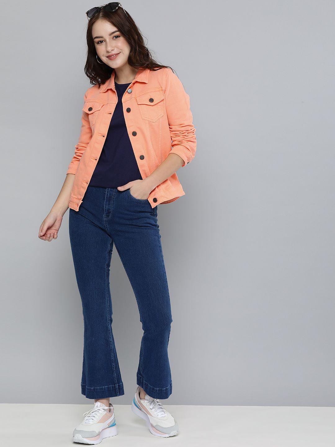 here&now women peach-coloured solid denim jacket