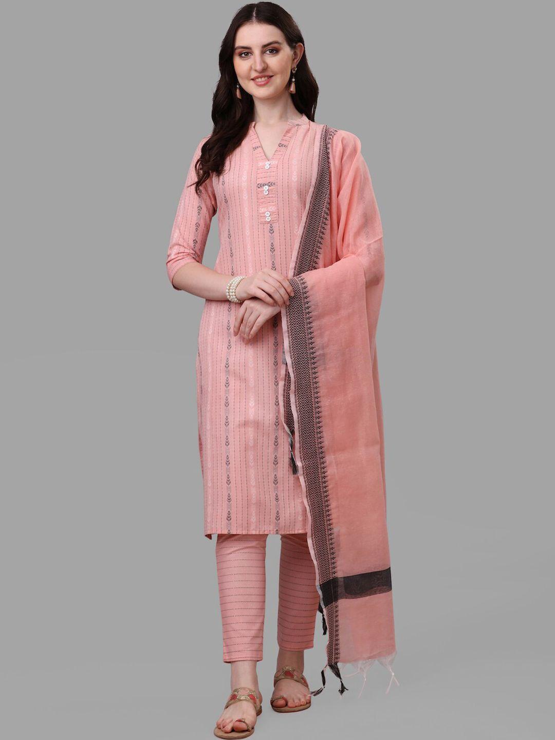 here&now women peach striped pure cotton kurta with trousers & with dupatta