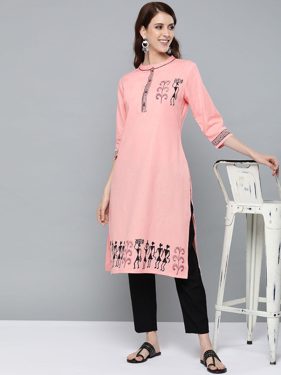 here&now women pink & black quirky block printed straight kurta