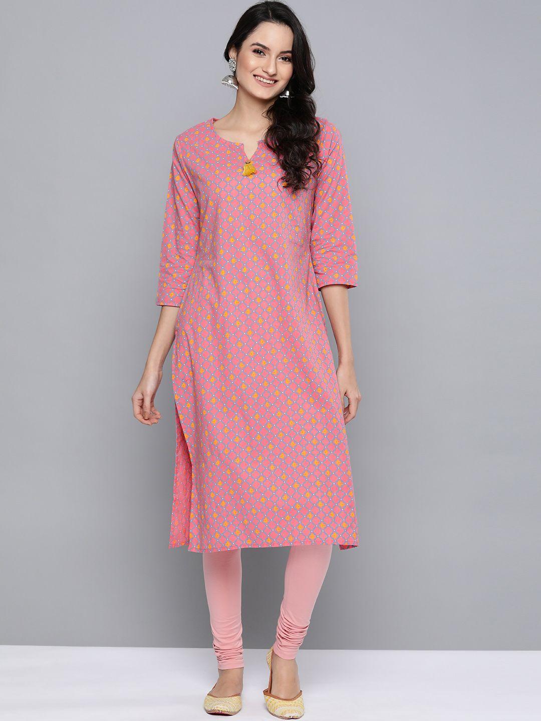 here&now women pink & blue geometric print straight kurta