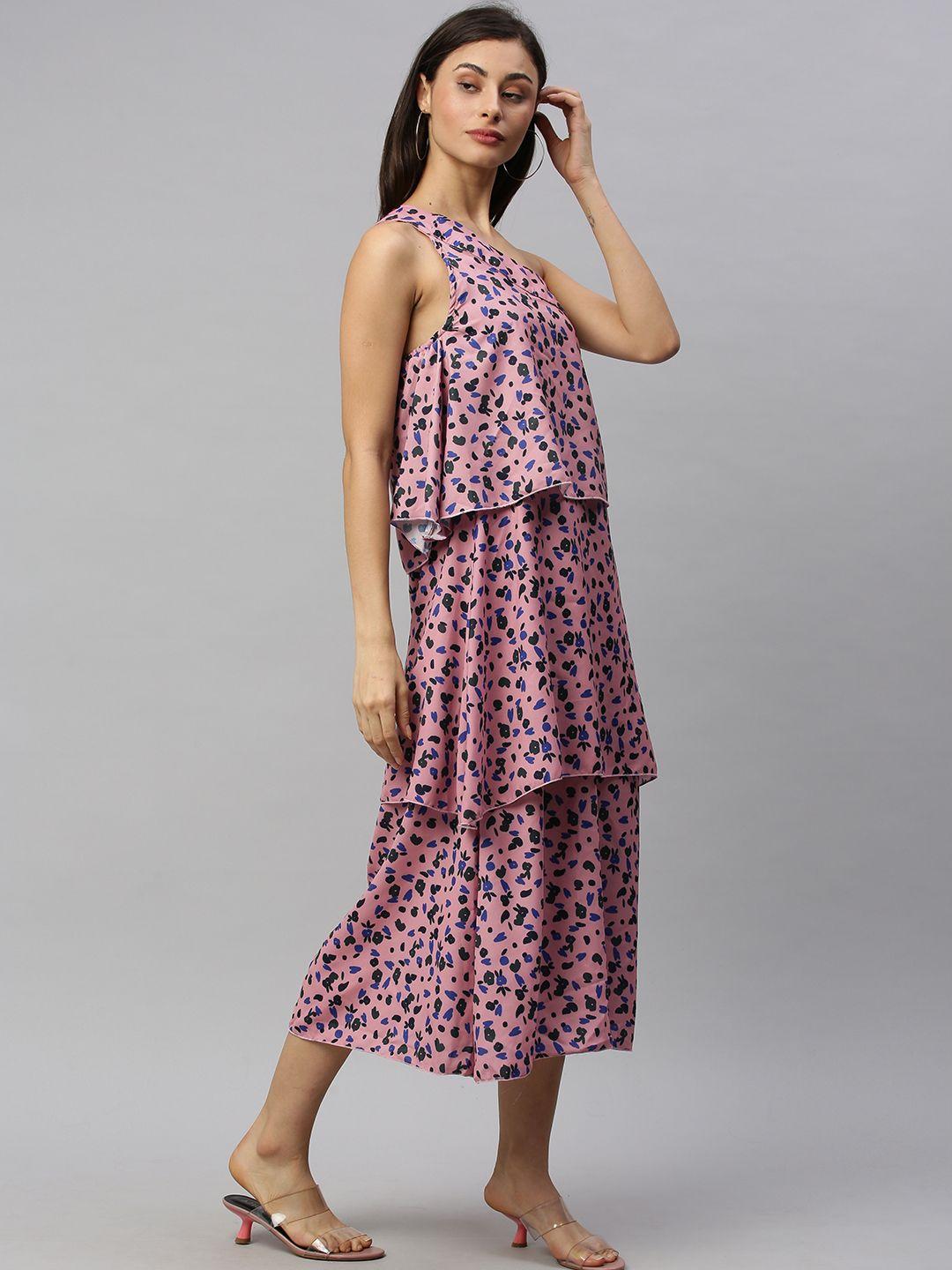 here&now women pink & blue printed one-shoulder a-line tiered dress