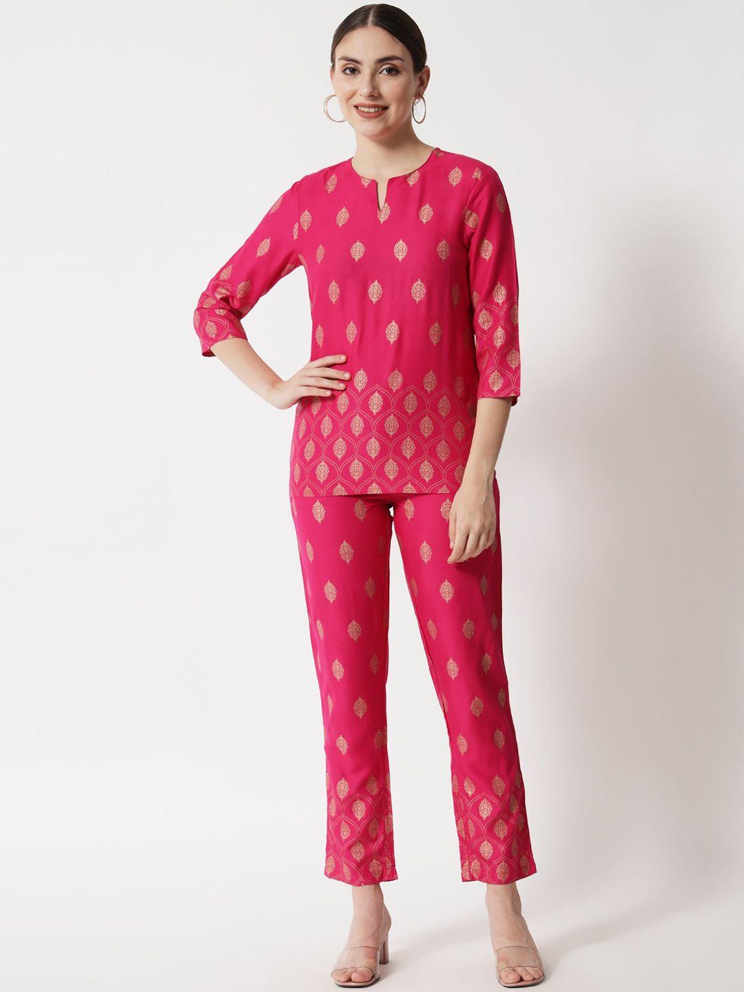 here&now women pink & gold-toned ethnic printed night suit