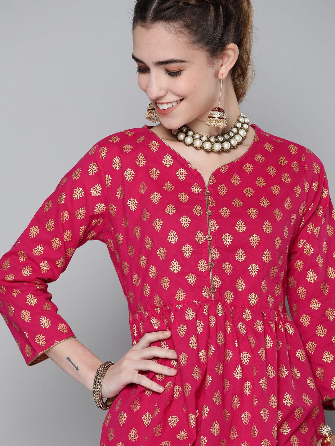 here&now women pink & golden pure cotton ethnic motifs printed a-line kurta